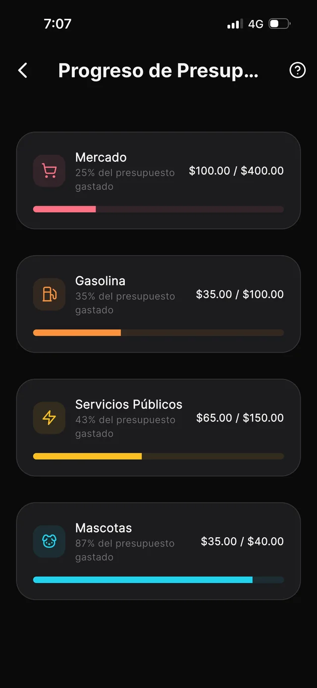 Budget progress by category in the Dark theme