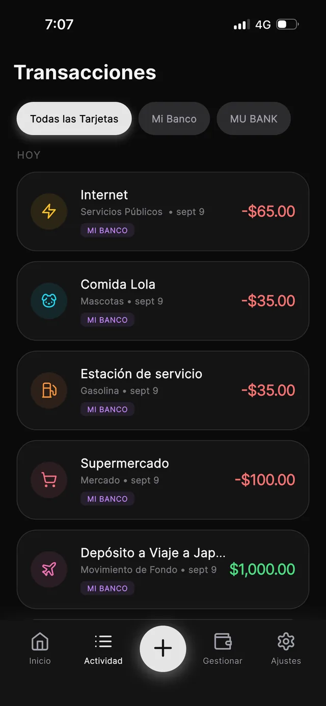 Transaction list in the Dark theme